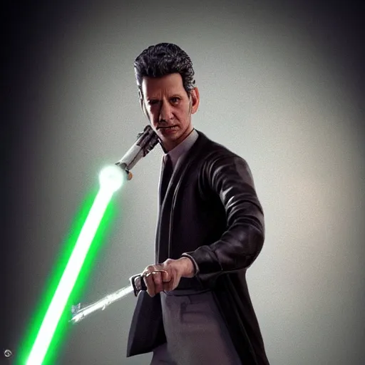 Image similar to hyperrealistic jeff goldblum wielding lightsaber, stunning 3 d render inspired by istvan sandorfi & xiang duan, perfect symmetry, dim volumetric cinematic lighting, 8 k octane comprehensive render, extremely mega hyper - detailed and lifelike attributes & atmosphere, intricate, realistic flesh texture, masterpiece, artstation, stunning,