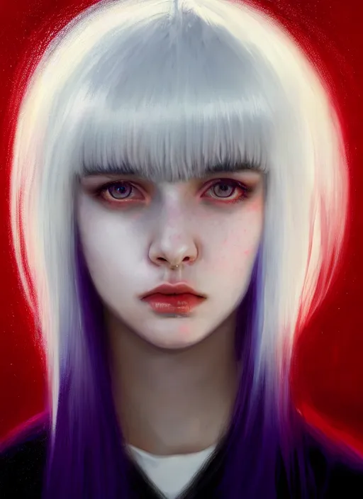 Image similar to hair whitebangs hair, black hair, whitebangs, portrait of teenage girl with white bangs, red irises, purple clothes, white bangs, bangs are different color from hair, intricate, elegant, glowing lights, highly detailed, digital painting, artstation, concept art, smooth, sharp focus, illustration, art by wlop, mars ravelo and greg rutkowski