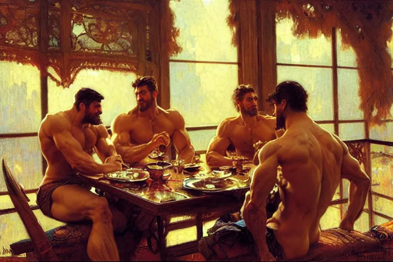 Image similar to 2 muscular attractive men having dinner, painting by gaston bussiere, craig mullins, greg rutkowski, alphonse mucha