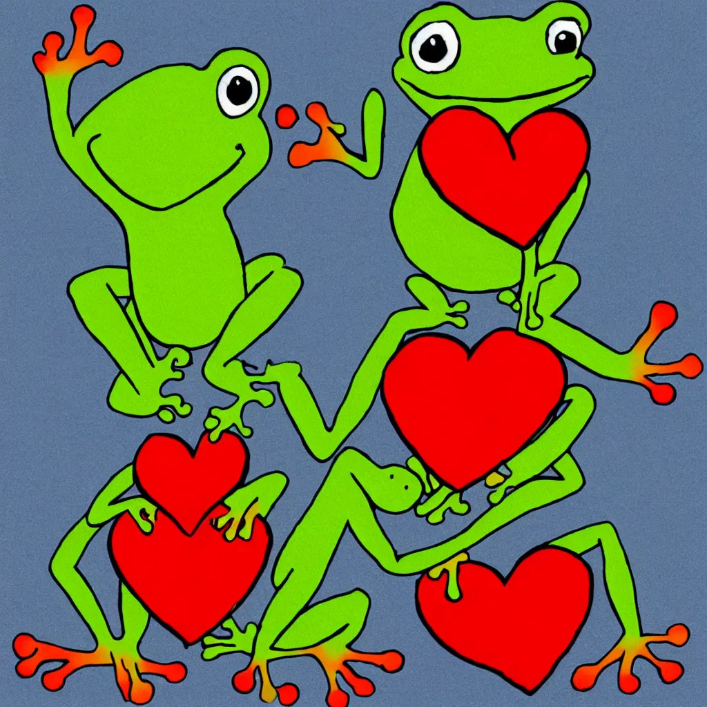 Prompt: a frog holding a big red heart, children’s cartoon, stylized