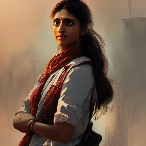 Image similar to Anxious beautiful young female Indian Doctor catching a flight, by Cedric Peyravernay, highly detailed, excellent composition, cinematic concept art, dramatic lighting, trending on ArtStation