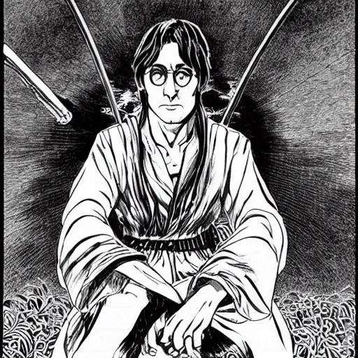 Image similar to pen and ink!!!! attractive 22 year old monochrome!!!! John Lennon highly detailed manga Vagabond!!!! telepathic floating magic swordsman!!!! glides through a beautiful!!!!!!! battlefield magic the gathering dramatic esoteric!!!!!! pen and ink!!!!! illustrated in high detail!!!!!!!! graphic novel!!!!!!!!! by Gustav Klimt, Moebius, and Hiroya Oku!!!!!!!!! MTG!!! award winning!!!! full closeup portrait!!!!! action manga panel