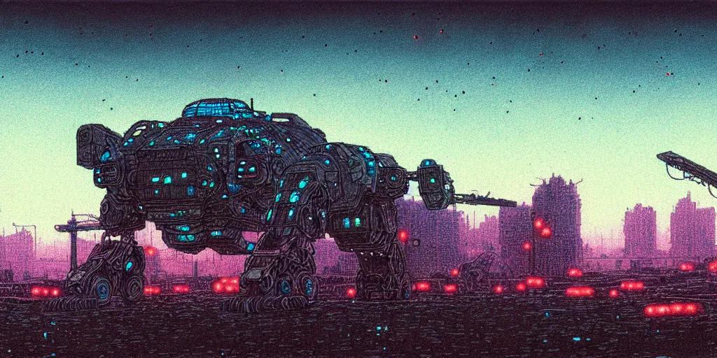 Image similar to grainy risograph matte painting of gigantic huge mech covered with wounds, black, pastel matte colors, staying in the foggy huge parking station, blue glowing fireflies, by moebius, hyperrealism, intricate detailed
