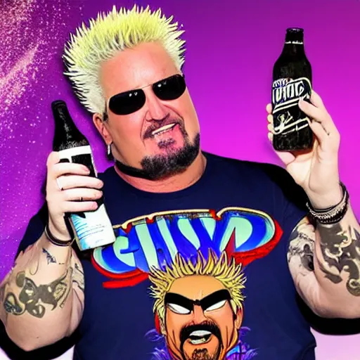 Image similar to guy fieri as thanos drinking a white claw at the pool