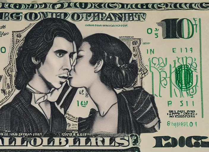 Image similar to reylo kissing dollar bill design