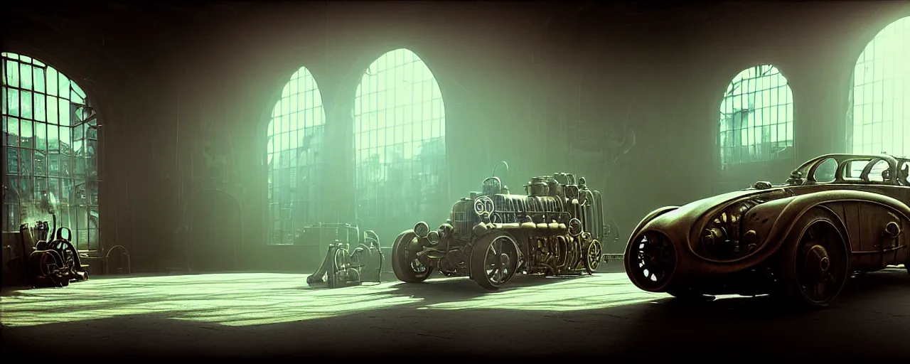 Prompt: steampunk automobil design by h. r. giger, late afternoon light coming in through the window, dust moats, bokeh, blue tint, rule of thirds, roger deakins, ridley scott, jan urschel, john singer sargent, mandelbulb, sorolla, ghibli