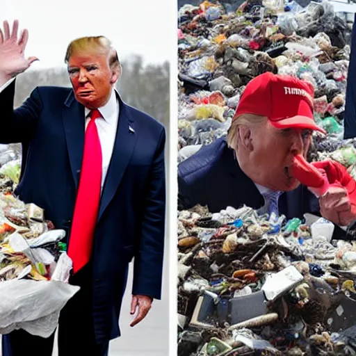 Prompt: donald trump shoving a literal ton of garbage into his stupid fat mouth