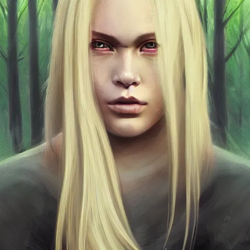 Image similar to epic portrait, An ninja female without her mask, blonde flowing long hair, pretty face, glossy lips, glowing eyes, Blurred forest backround, digital painting, artstation, concept art, soft light, hdri, smooth, sharp focus, illustration, fantasy, intricate, elegant, highly detailed, D&D, matte painting, in the style of Greg Rutkowski and Alphonse Mucha and artemisia, 8k, highly detailed, jurgens, rutkowski, bouguereau, pastoral, rustic, georgic