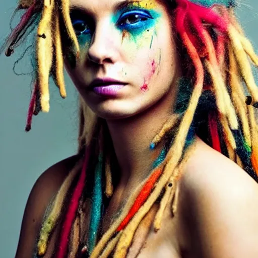 Image similar to astonishingly beautiful woman in tattered clothes revealing body, blonde dreadlocks, make up, vivid colors