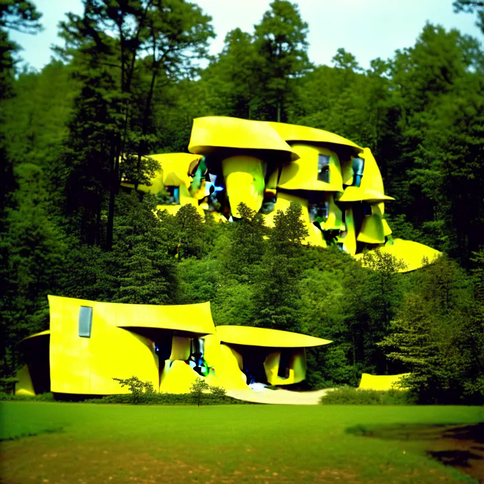 Image similar to a flat house from far away with big tiles, in a forest, designed by Frank Gehry. Film grain, cinematic, yellow hue