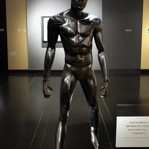 Image similar to a realistic detailed photo of a guy who is an attractive humanoid who is half robot and half humanoid, who is a male android, boxer and youtuber ksi, shiny skin, posing like a statue, blank stare, at the museum, on display