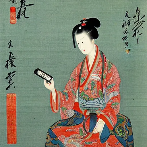 Prompt: the Chinese ancient painting of a lady selfie with smartphone in Tang Dynasty , by Han Xizai