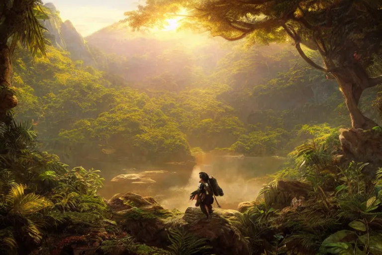 Image similar to a detailed of the greatest explorer emerging from the jungle as a shonen anime protagonist, 1 8 th century south america, octane render, 8 k, volumetric lighting, in the style of disney, art by albert bierstadt and thomas moran