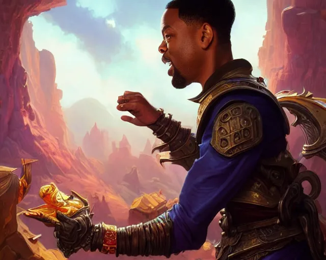 Image similar to will smith getting slapped by chris rock, deep focus, d & d, fantasy, intricate, elegant, highly detailed, digital painting, artstation, concept art, matte, sharp focus, illustration, hearthstone, art by artgerm and greg rutkowski and alphonse mucha