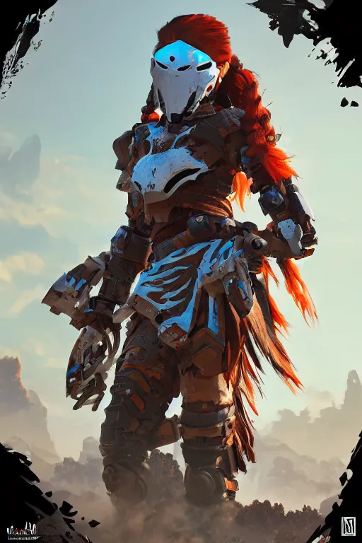 Image similar to combination suit armor aloy horizon forbidden west horizon zero dawn robot ninja mask helmet backpack tribal, aesthetic octane render, 8 k hd resolution, by ilya kuvshinov and cushart krentz and gilleard james radiating a glowing aura cgi rtx 2 0 2 2