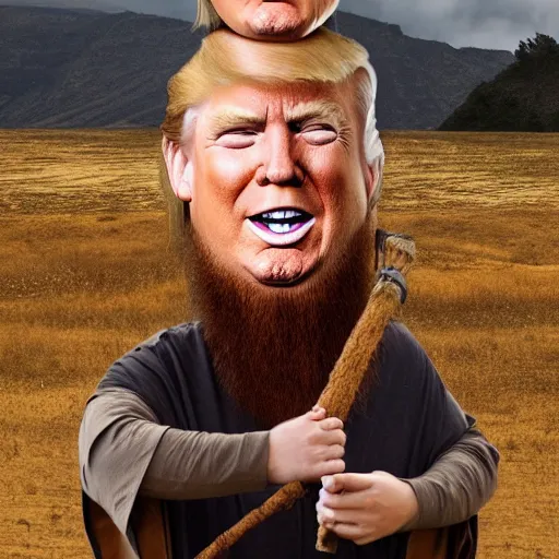 Image similar to a viking holding donald trump head, highly detailed, 8 k