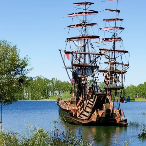 Prompt: a pirate ship, parked in a lake at a mall