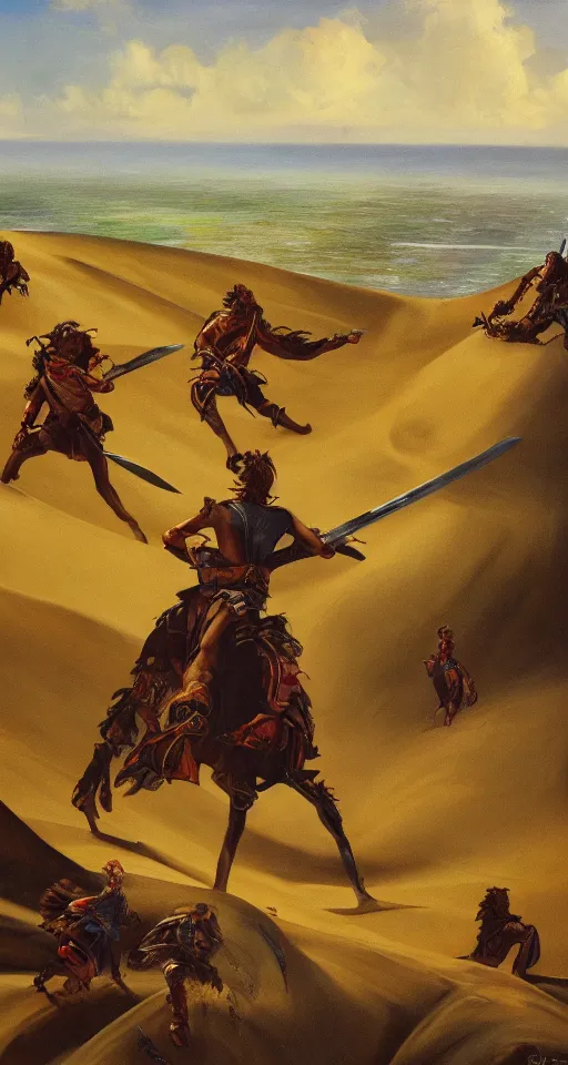 Image similar to oil painting of four sword wielding adventures traveling through a dune, 4 k, detailed, landscape