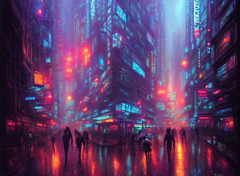 Image similar to rainy night in a cyberpunk city, neon lights, intricate, elegant, highly detailed, centered, digital painting, artstation, concept art, smooth, sharp focus, illustration, artgerm, tomasz alen kopera, peter mohrbacher, donato giancola, joseph christian leyendecker, wlop, boris vallejo