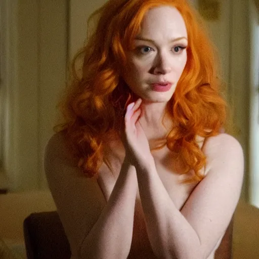 Image similar to amazing beautiful Christina Hendricks with an amazed look on her face in the living room, film still from the movie directed by Denis Villeneuve , wide lens