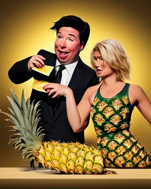 Image similar to A drunk Michael Mcintyre with a blonde woman eating pineapple in a nightclub,real life skin, intricate, elegant, highly detailed, artstation, concept art, smooth, sharp focus, photo