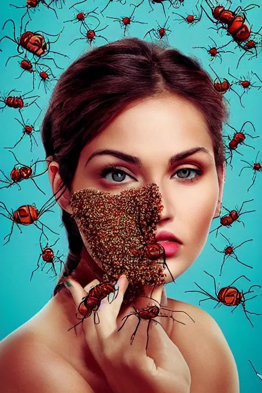 Prompt: a photo of a pretty woman with many ants on her face. movie poster. detailed. artistic. pretty