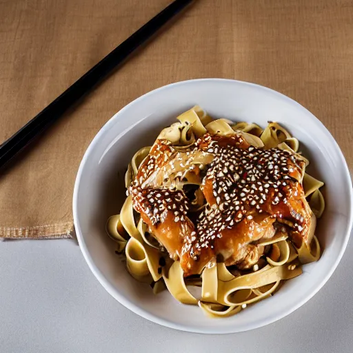 Image similar to fettuccini pasta but Teriyaki sauce and sesame chicken, 4K photo, HD