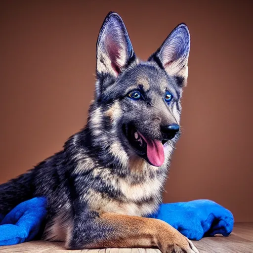 Image similar to 4 k high resolution, hdr photo of an animal hybrid of a blue german shepherd and a blue fox, with blue fur and blue eyes, award winning studio photography