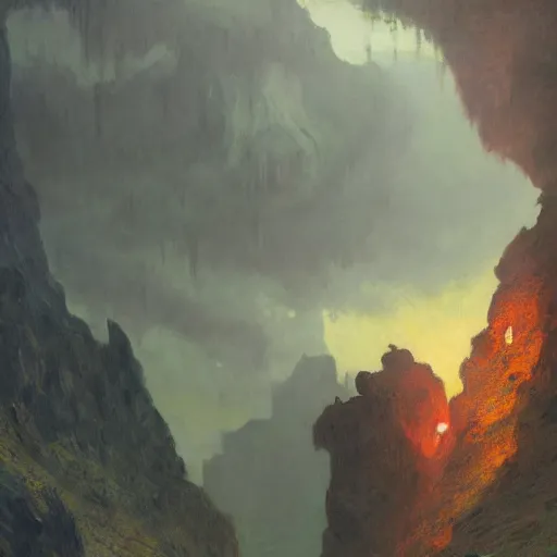 Prompt: a hazy volcanic cavern, matte painting by Greg rutkowski, monet, trending on artstation,