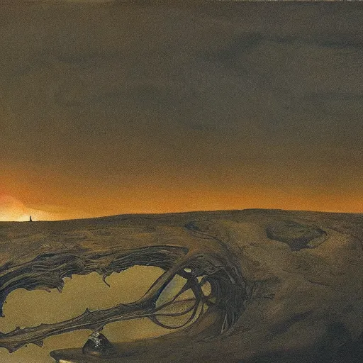 Prompt: an alien landscape, an alien creature drinking from a stream in the foreground, painted by Andrew Wyeth, sunset, Earth tones