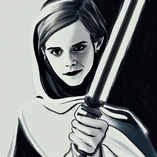 Image similar to emma watson as a sith lord with a cloak and a lightsaber, trending on art station, by the best artists