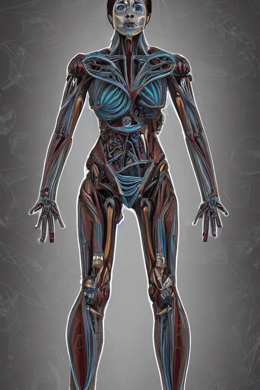 Image similar to symmetry!! full body female human anatomy concept, medical anatomy, cybernetic implants, tire rubber, mecha limbs, muscular system reference, anatomical art, digital art, in the style of amanda lilleston, luka mivsek, bryan christie, ranjit ghosh, artstation, pinterest, deviantart, photoshop, octane render, unreal engine