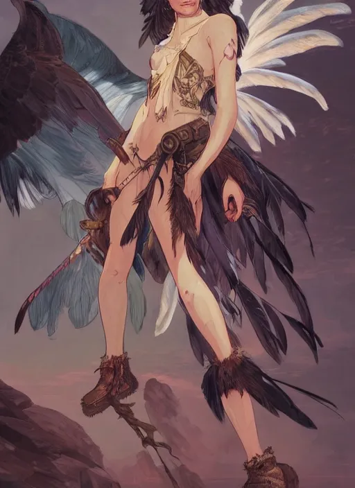 Image similar to concept art painting of a harpy with black feathers, pirate clothes, detailed, realistic, cel shaded, in the style of makoto shinkai and james gurney and alphonse mucha and greg rutkowski and artgerm