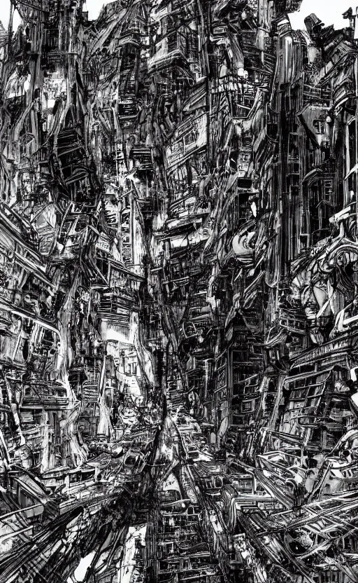 Image similar to dense city scene by tsutomu nihei, inked, minute details, desolation, hyper realistic, cosmic horror, biomechanical, beautiful