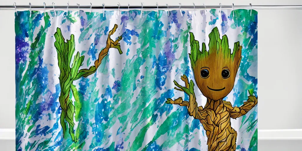 Image similar to shower curtain product catalog. wide - angle photo. on the curtain is a watercolor of the baby groot dancing. the water color has ink under drawing. wide - angle product photography of a shower curtain, product lighting. 4 k, highly detailed. saturated.