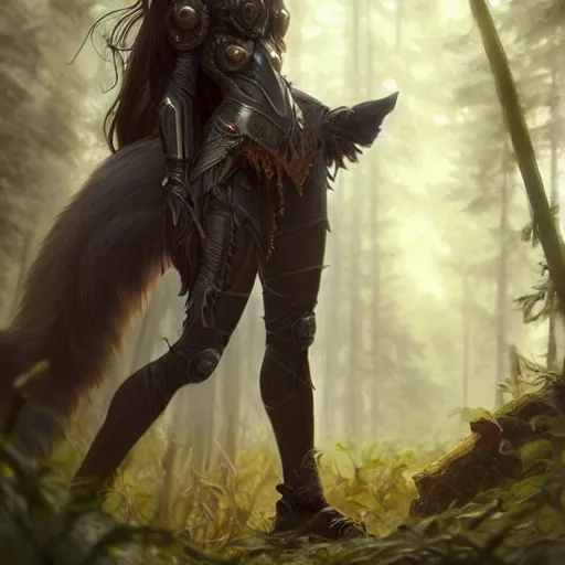Prompt: photo of a humanoid female wolf were a heroic dress an armour in the forest, long hair, highly detailed, digital painting, artstation, smooth, sharp focus, illustration, art by artgerm and greg rutkowski and alphonse mucha