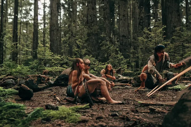 Image similar to 2 4 mm leica anamorphic lens, photo, hyper detailed, neanderthal people eating sushi, surrounded by dinosaurs!, gigantic forest trees, sitting on rocks, bonfire, close up camera on bonfire level