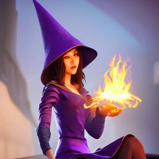 Prompt: Young petite beautiful woman in slim purple wizards apprentice robes with pointy hat sitting in a classroom at a crowded magical university with a flaming magical red flame hummingbird pet, unreal engine hyperreallistic render 8k character masterpiece digital art, cell shader shading, raytracing, comic art, manga, trending on Artstation, CGSociety