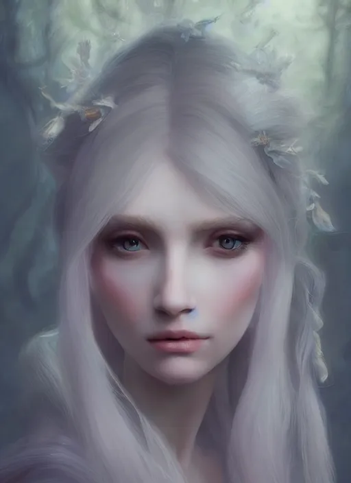 Prompt: pale, beautiful fairy spirit with long hair, pastels, fantasy, elegant, concept art, sharp focus, beautiful face!!, digital art, Hyper-realistic, 4K, Unreal Engine, Highly Detailed, HD, Dramatic Lighting, Beautiful, by Brom, trending on Artstation