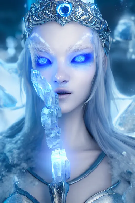 Image similar to ice goddess with beautiful face with a glowing blue crystal on her forehead, frosty white eyes, winter mist around her, white plated armor, pale skin, white smoke ， photorealism, octane render, frostbite, 8 k, cinematic, 3 5 mm, aspect ratio