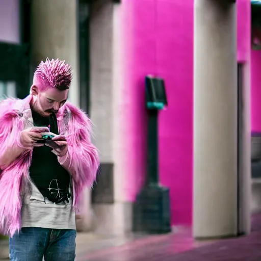 Image similar to street portrait of a pink with a pink mohawk, looking to his phone, candid portrait, street photography, high detail, 5 0 mm lens, heavy bokeh, fine details
