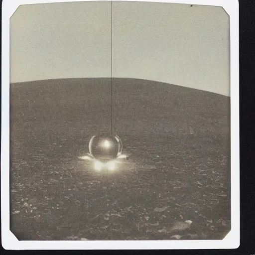 Prompt: old polaroid depicting a small spheric metallic alien probe, hovering at a clearing