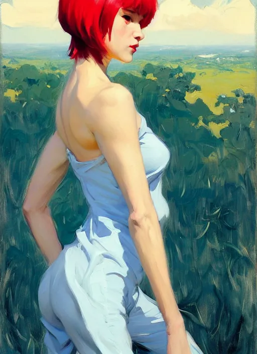 Image similar to Greg Manchess painting of Rei Ayanami in Jumpsuit out with the dogs, countryside, fantasy character portrait, dynamic pose, above view, sunny day, thunder clouds in the sky, artwork by Jeremy Lipkin and Giuseppe Dangelico Pino and Michael Garmash and Rob Rey, very coherent asymmetrical artwork, sharp edges, perfect face, simple form, wacky, 100mm