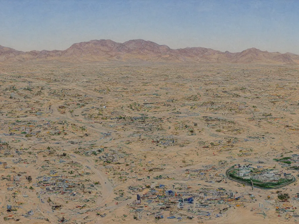 Image similar to landscape, large Trailer park in the desert near the oasis with a reservoir and rednecks, painting by style Julie Mehretu