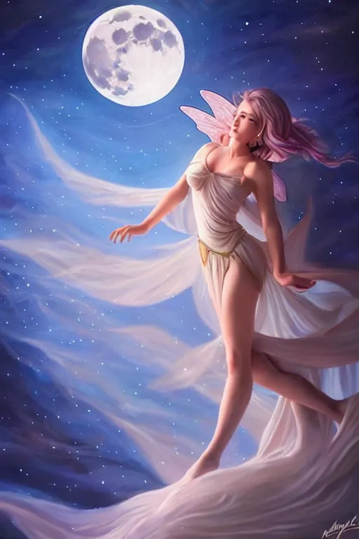 Prompt: attractive fairy magically floating high in the night, fantasy, full moon in background. highly detailed painting by artgerm, mid shot, 8 k