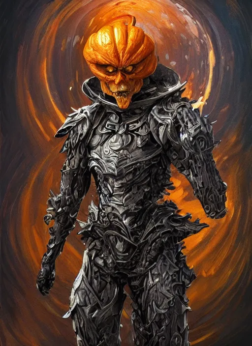 Image similar to powerful male pumpkin, willem dafoe as pumpkinhead, oz, full body character concept, covered in full metal armor, art nouveau, super powers, fantasy, intricate, elegant, highly detailed, digital painting, artstation, concept art, shining, sharp focus, illustration, art by stanley lau