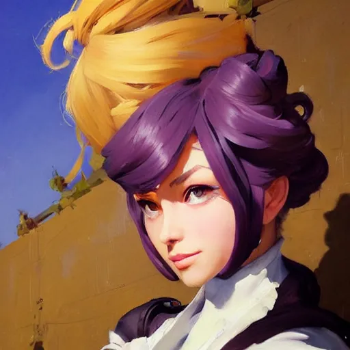 Image similar to greg manchess portrait painting of violet evergarden as overwatch character, totally whack, medium shot, asymmetrical, profile picture, organic painting, sunny day, matte painting, bold shapes, hard edges, street art, trending on artstation, by huang guangjian and gil elvgren and sachin teng