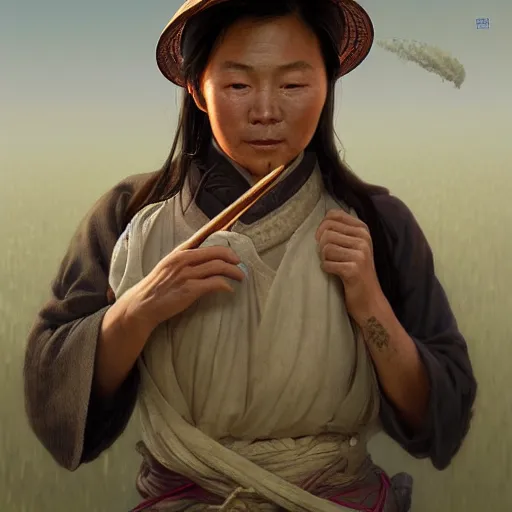 Image similar to 12th century Chinese farmer, highly detailed, digital painting, cgsociety, concept art, sharp focus, illustration, art by artgerm and greg rutkowski and alphonse mucha