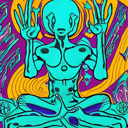 Image similar to a beautiful painting of an alien meditating in front of a giant black power fist in the center, worshipped by aliens dancing in lava fields by victor moscoso