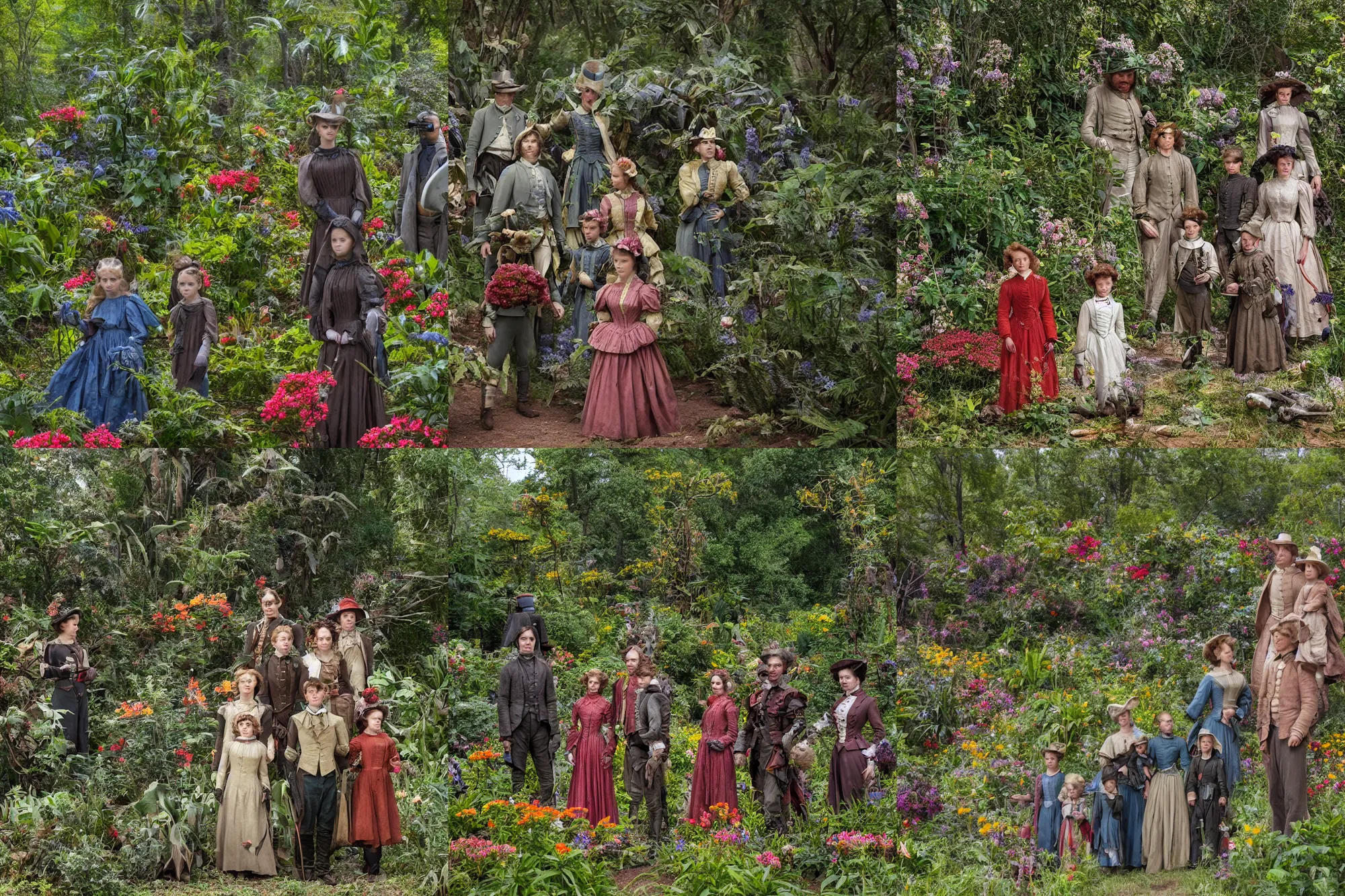 Prompt: sharp, highly detailed, 57344k film, 175000mm film still from a sci fi blockbuster color movie made in 2019, set in 1860, of a family standing in a park, next to some strange alien plants and flowers, on an alien planet, the family are all wearing 1860s era clothes, good lighting, ultra high definition, ultra enhanced faces, in focus, 35mm macro lens